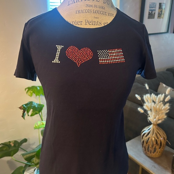 Karen Scott Tops - Karen Scott Navy Blue Tee with Heart and Flag Design